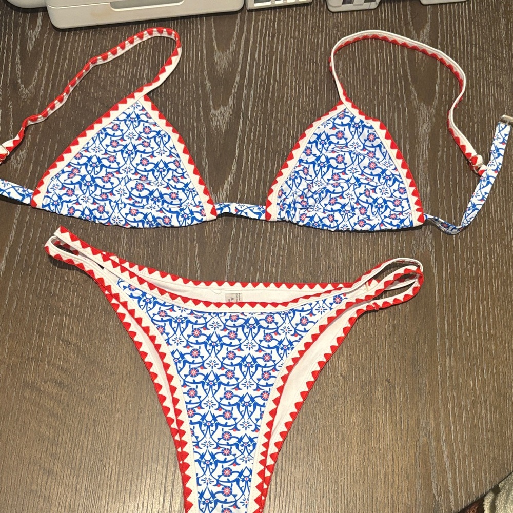 Blue and Red Patterned Bikini Set